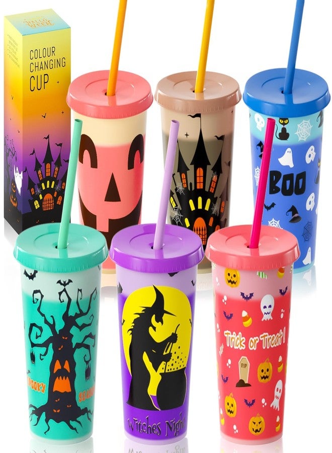 OOINQQ Halloween Color Changing Cups for Kids - 6pcs 12Oz Plastic Tumbler with Lid and Straw in 6 Colors for Coffee Tea Cold Drinks Halloween Party Favors Supplies - Image 1